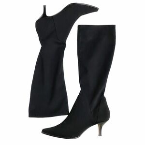 Donald J PLINER BLACK KNEE LENGTH NYLON POINTED TOE HEELED BOOTS - 9,5